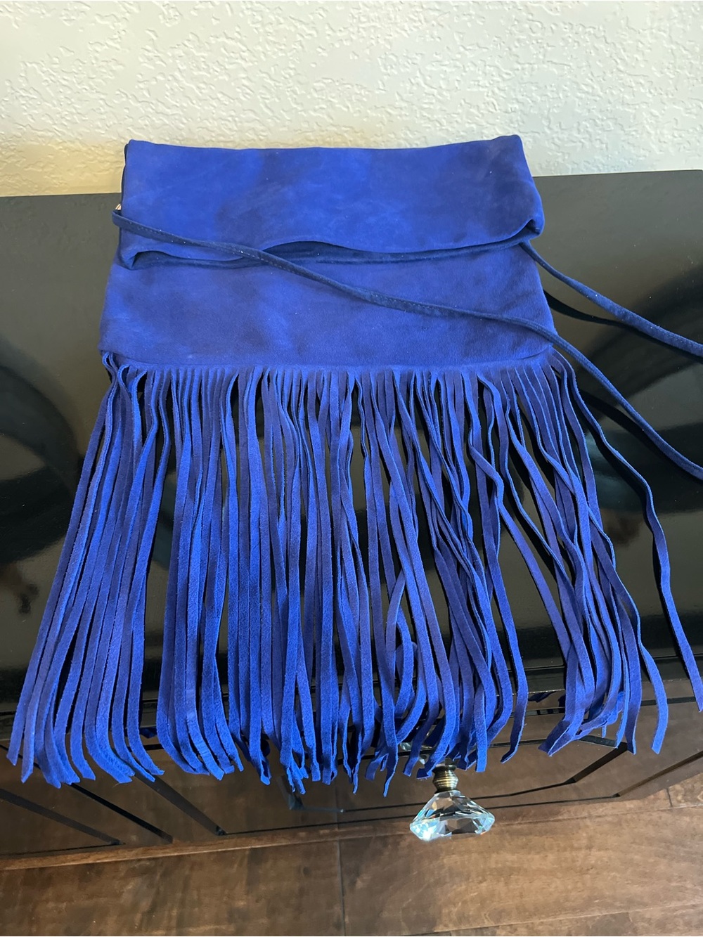 Blue Suede Fringe Crossbody Bag